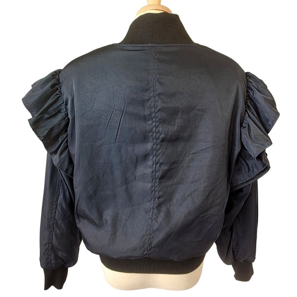 MABLE Ruffle Shoulder Bomber Jacket Womens Sz L Navy Silver Full Zip Cropped - Picture 3 of 13